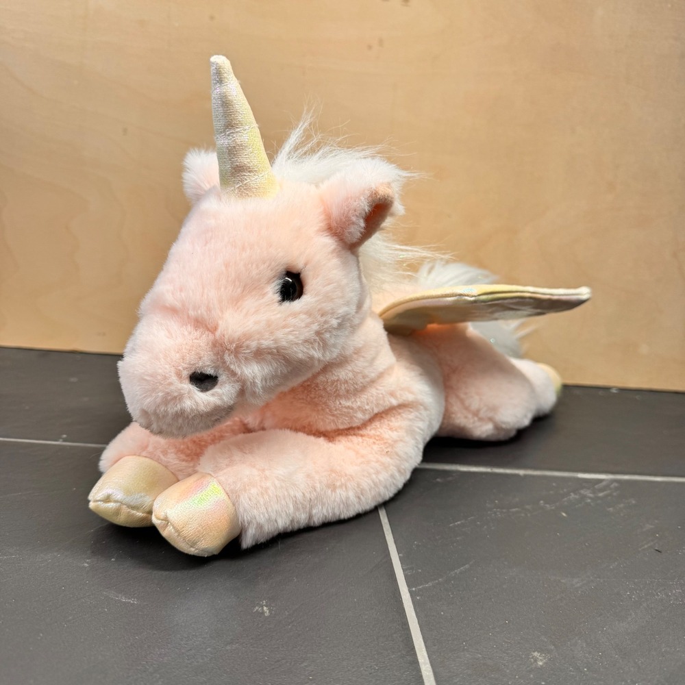 FAO Schwarz 14" Pink Winged Unicorn Pegasus Plush Stuffed Animal Iridescent Gold